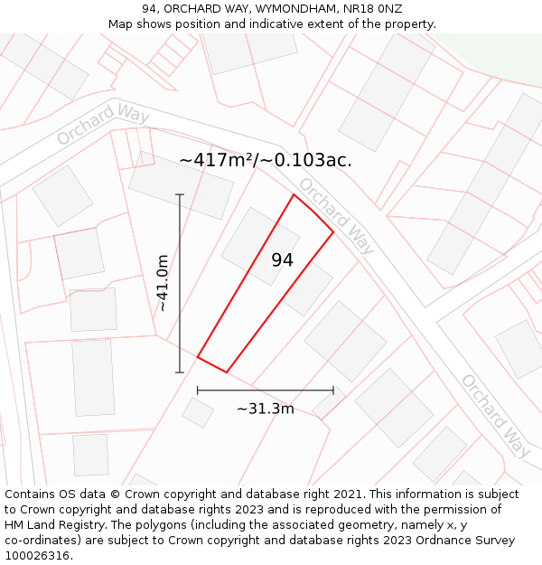 94, ORCHARD WAY, WYMONDHAM, NR18 0NZ: Plot and title map