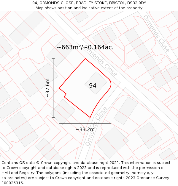 94, ORMONDS CLOSE, BRADLEY STOKE, BRISTOL, BS32 0DY: Plot and title map