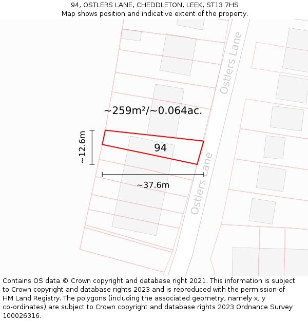 94, OSTLERS LANE, CHEDDLETON, LEEK, ST13 7HS: Plot and title map