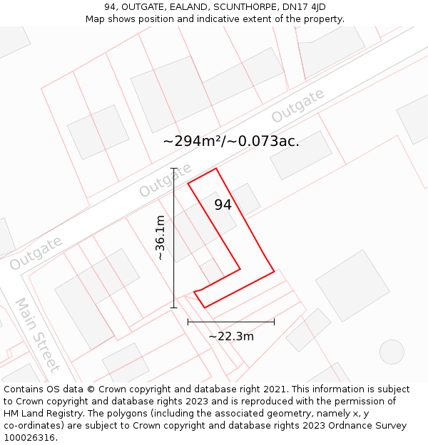 94, OUTGATE, EALAND, SCUNTHORPE, DN17 4JD: Plot and title map