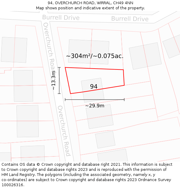 94, OVERCHURCH ROAD, WIRRAL, CH49 4NN: Plot and title map
