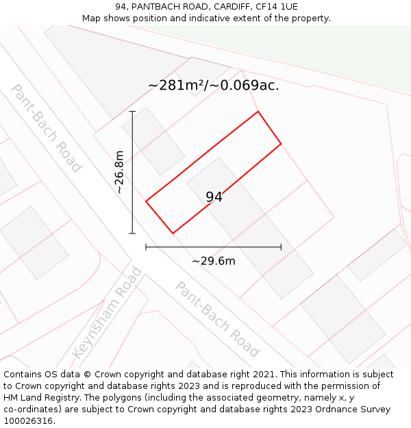 94, PANTBACH ROAD, CARDIFF, CF14 1UE: Plot and title map