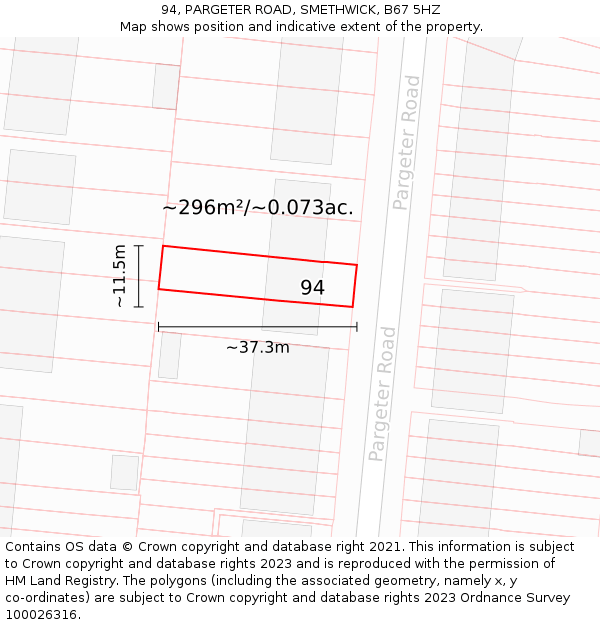 94, PARGETER ROAD, SMETHWICK, B67 5HZ: Plot and title map