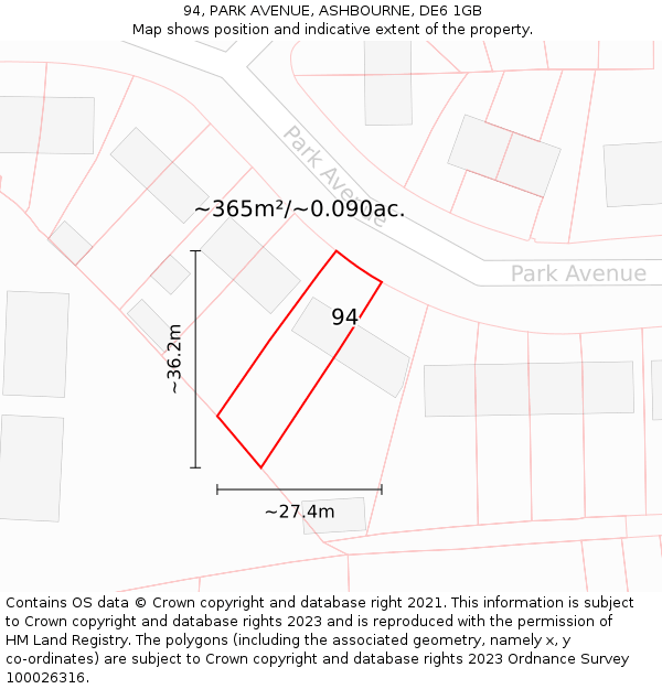 94, PARK AVENUE, ASHBOURNE, DE6 1GB: Plot and title map