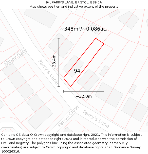 94, PARRYS LANE, BRISTOL, BS9 1AJ: Plot and title map