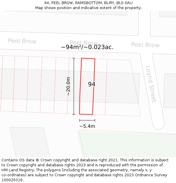 94, PEEL BROW, RAMSBOTTOM, BURY, BL0 0AU: Plot and title map
