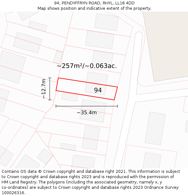 94, PENDYFFRYN ROAD, RHYL, LL18 4DD: Plot and title map