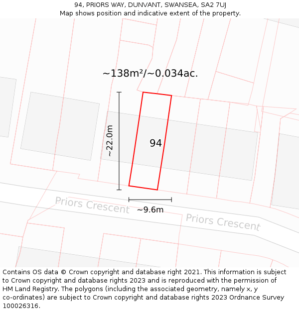 94, PRIORS WAY, DUNVANT, SWANSEA, SA2 7UJ: Plot and title map