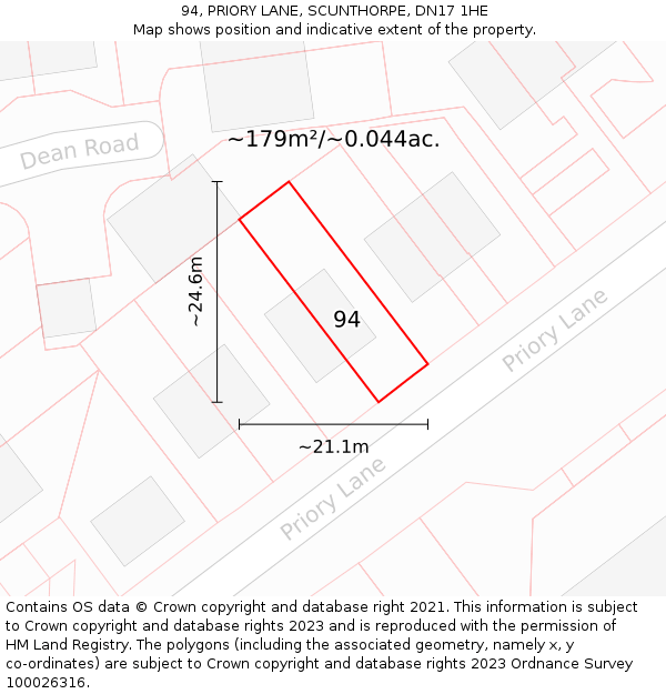 94, PRIORY LANE, SCUNTHORPE, DN17 1HE: Plot and title map