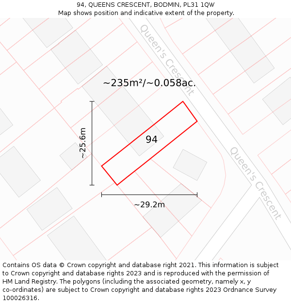 94, QUEENS CRESCENT, BODMIN, PL31 1QW: Plot and title map