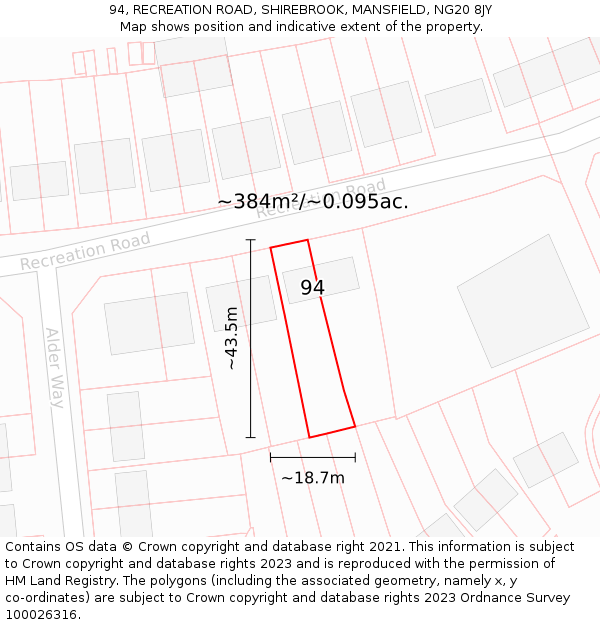 94, RECREATION ROAD, SHIREBROOK, MANSFIELD, NG20 8JY: Plot and title map