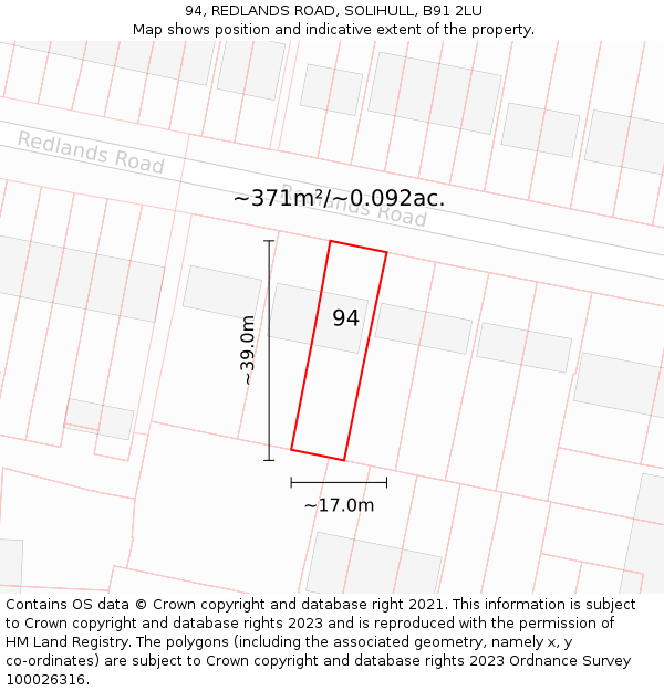 94, REDLANDS ROAD, SOLIHULL, B91 2LU: Plot and title map