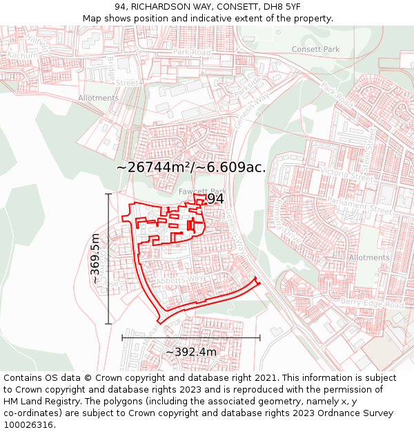 94, RICHARDSON WAY, CONSETT, DH8 5YF: Plot and title map