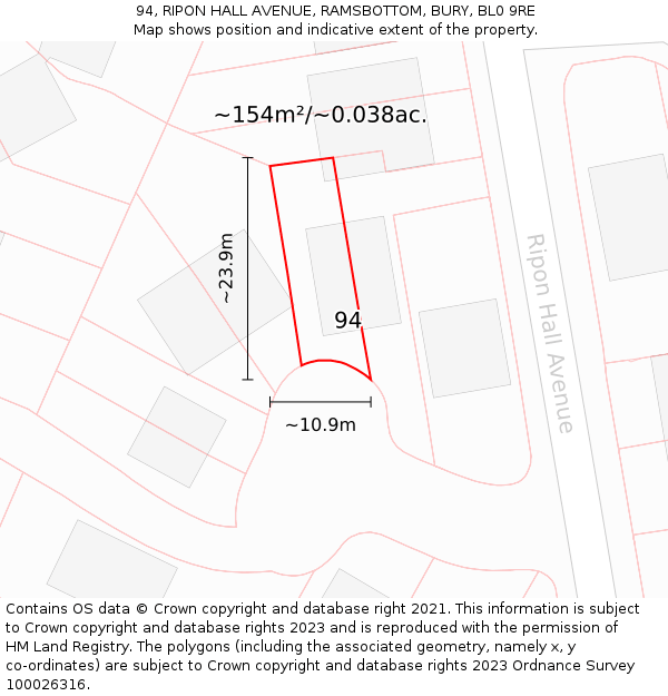 94, RIPON HALL AVENUE, RAMSBOTTOM, BURY, BL0 9RE: Plot and title map
