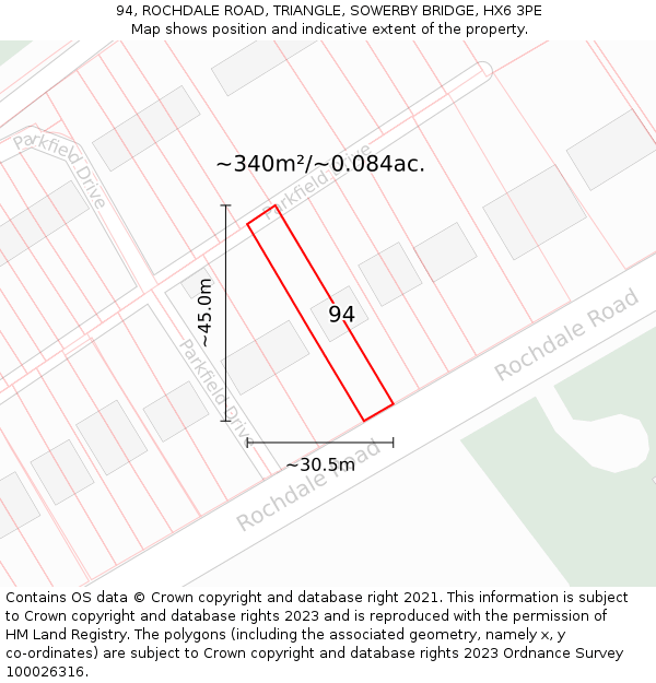 94, ROCHDALE ROAD, TRIANGLE, SOWERBY BRIDGE, HX6 3PE: Plot and title map