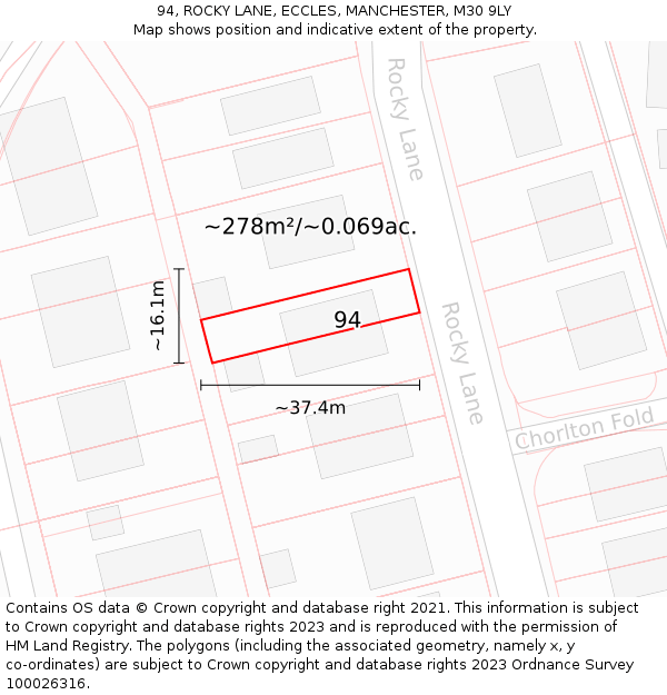 94, ROCKY LANE, ECCLES, MANCHESTER, M30 9LY: Plot and title map