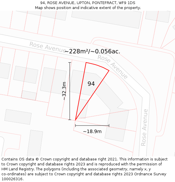 94, ROSE AVENUE, UPTON, PONTEFRACT, WF9 1DS: Plot and title map