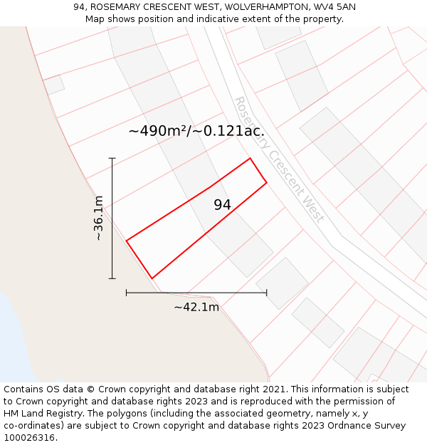 94, ROSEMARY CRESCENT WEST, WOLVERHAMPTON, WV4 5AN: Plot and title map