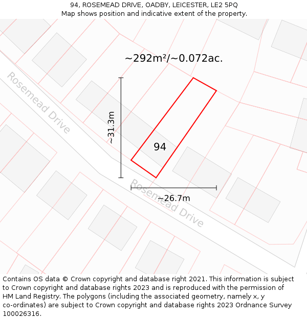 94, ROSEMEAD DRIVE, OADBY, LEICESTER, LE2 5PQ: Plot and title map