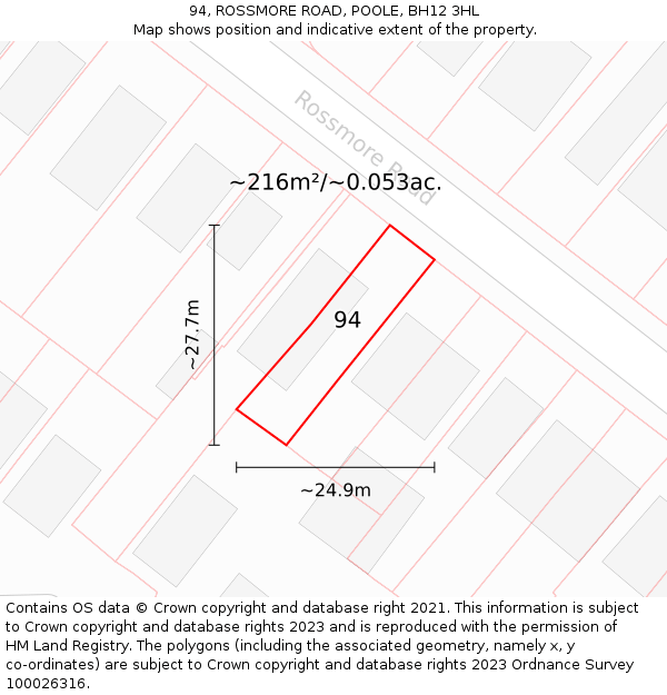 94, ROSSMORE ROAD, POOLE, BH12 3HL: Plot and title map