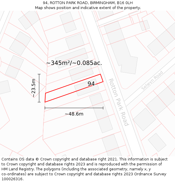 94, ROTTON PARK ROAD, BIRMINGHAM, B16 0LH: Plot and title map