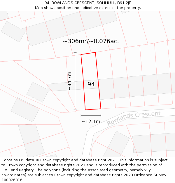 94, ROWLANDS CRESCENT, SOLIHULL, B91 2JE: Plot and title map