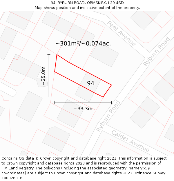 94, RYBURN ROAD, ORMSKIRK, L39 4SD: Plot and title map