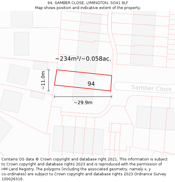 94, SAMBER CLOSE, LYMINGTON, SO41 9LF: Plot and title map