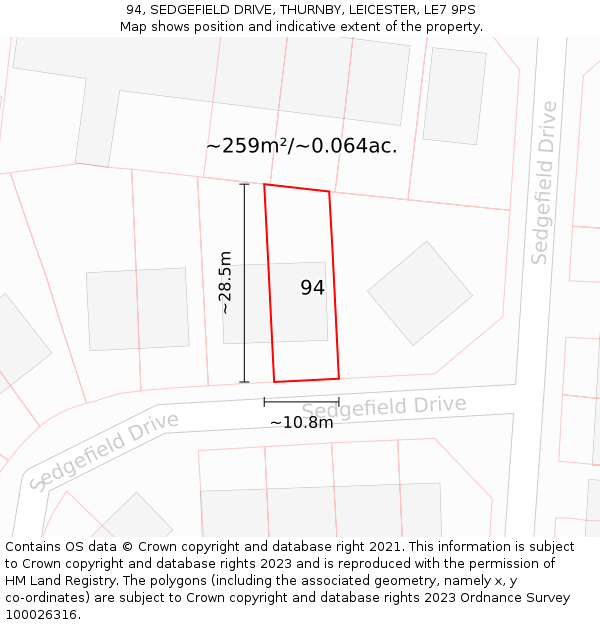 94, SEDGEFIELD DRIVE, THURNBY, LEICESTER, LE7 9PS: Plot and title map