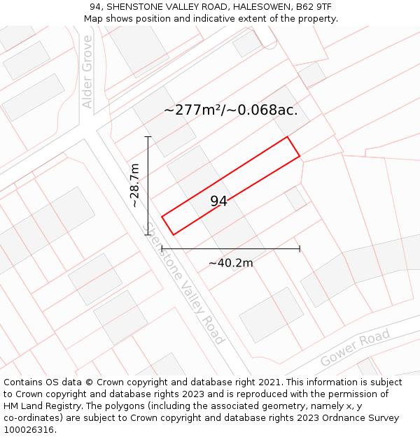 94, SHENSTONE VALLEY ROAD, HALESOWEN, B62 9TF: Plot and title map
