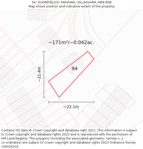 94, SHOREFIELDS, RAINHAM, GILLINGHAM, ME8 8SB: Plot and title map