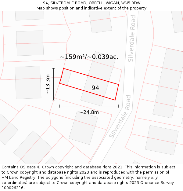 94, SILVERDALE ROAD, ORRELL, WIGAN, WN5 0DW: Plot and title map