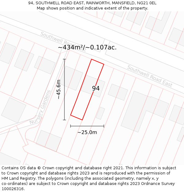 94, SOUTHWELL ROAD EAST, RAINWORTH, MANSFIELD, NG21 0EL: Plot and title map