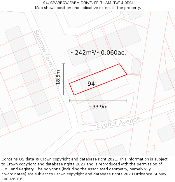94, SPARROW FARM DRIVE, FELTHAM, TW14 0DN: Plot and title map