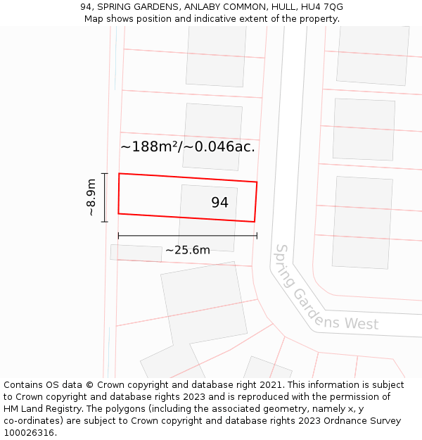 94, SPRING GARDENS, ANLABY COMMON, HULL, HU4 7QG: Plot and title map