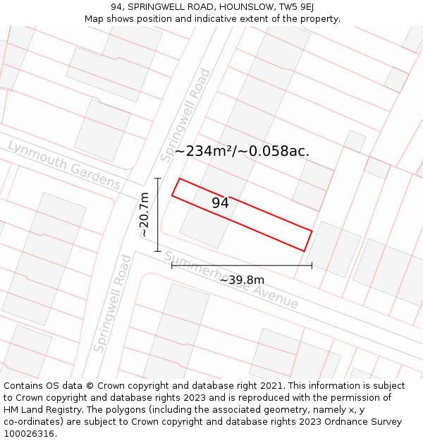 94, SPRINGWELL ROAD, HOUNSLOW, TW5 9EJ: Plot and title map