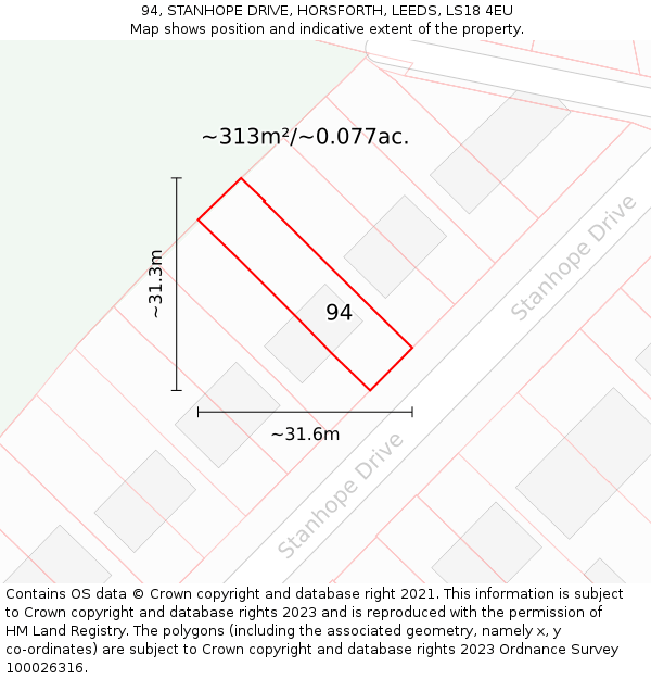 94, STANHOPE DRIVE, HORSFORTH, LEEDS, LS18 4EU: Plot and title map