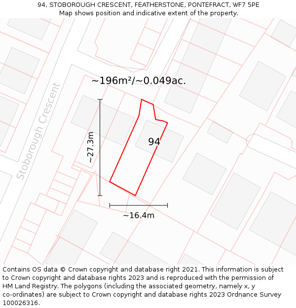 94, STOBOROUGH CRESCENT, FEATHERSTONE, PONTEFRACT, WF7 5PE: Plot and title map