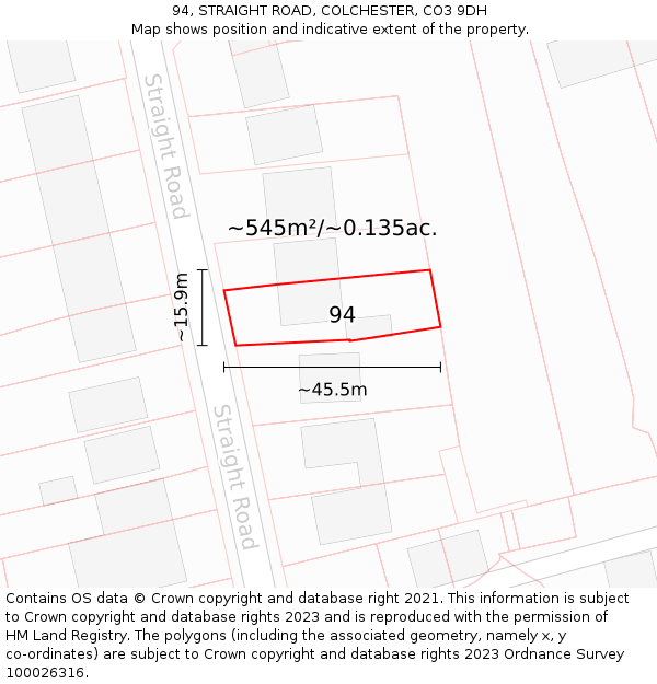 94, STRAIGHT ROAD, COLCHESTER, CO3 9DH: Plot and title map