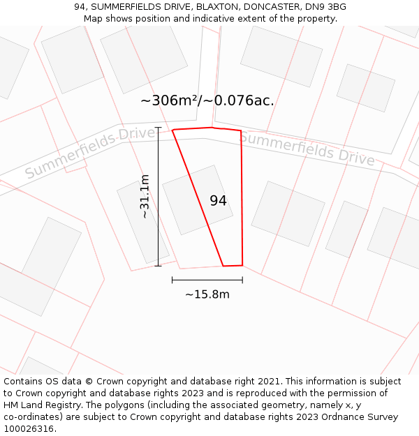 94, SUMMERFIELDS DRIVE, BLAXTON, DONCASTER, DN9 3BG: Plot and title map