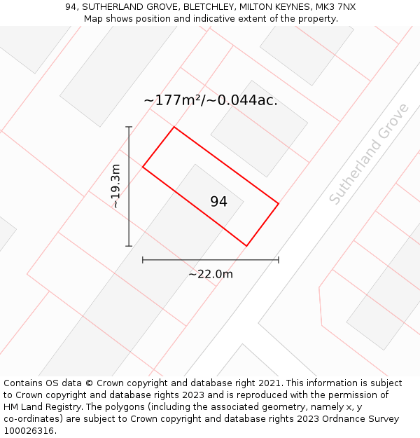 94, SUTHERLAND GROVE, BLETCHLEY, MILTON KEYNES, MK3 7NX: Plot and title map