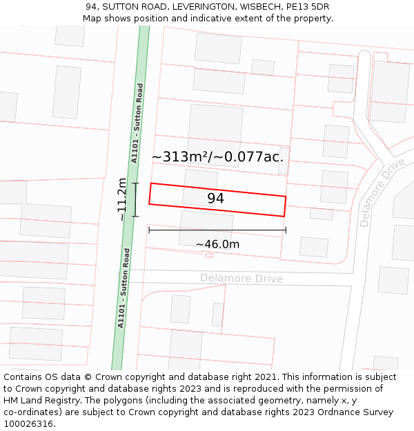94, SUTTON ROAD, LEVERINGTON, WISBECH, PE13 5DR: Plot and title map