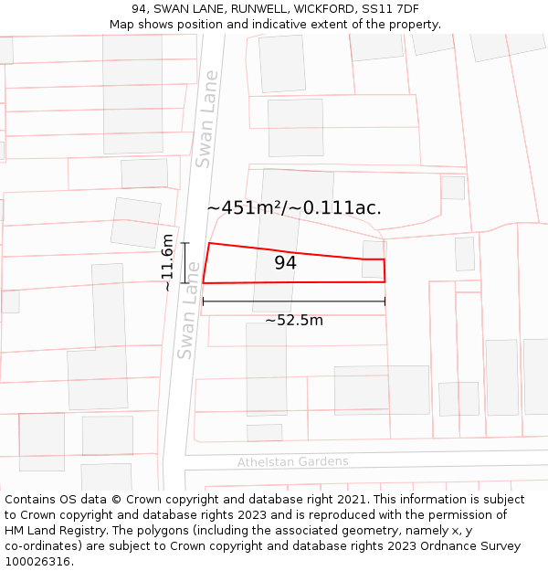 94, SWAN LANE, RUNWELL, WICKFORD, SS11 7DF: Plot and title map