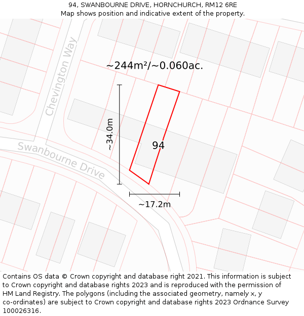94, SWANBOURNE DRIVE, HORNCHURCH, RM12 6RE: Plot and title map