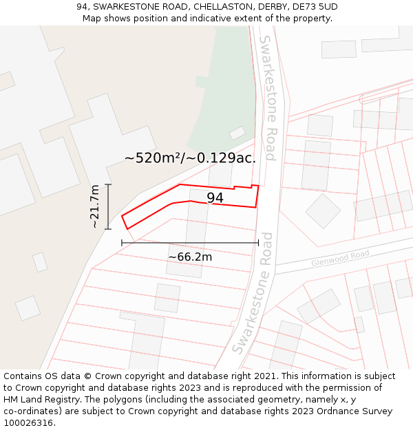 94, SWARKESTONE ROAD, CHELLASTON, DERBY, DE73 5UD: Plot and title map