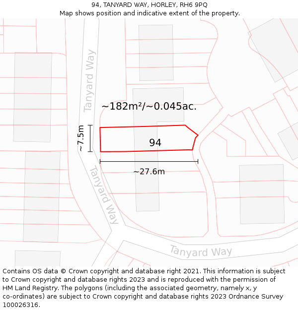 94, TANYARD WAY, HORLEY, RH6 9PQ: Plot and title map