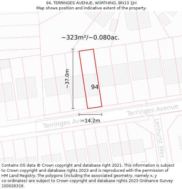 94, TERRINGES AVENUE, WORTHING, BN13 1JH: Plot and title map