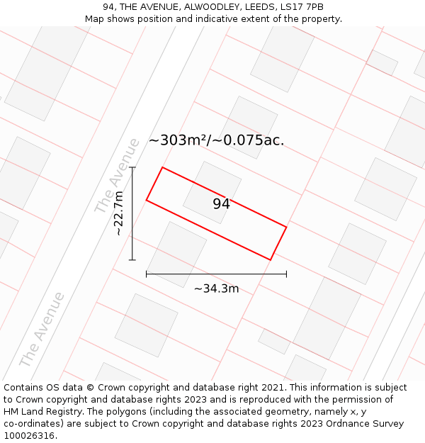 94, THE AVENUE, ALWOODLEY, LEEDS, LS17 7PB: Plot and title map