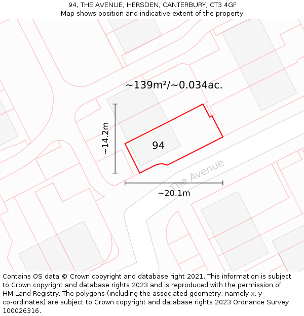 94, THE AVENUE, HERSDEN, CANTERBURY, CT3 4GF: Plot and title map