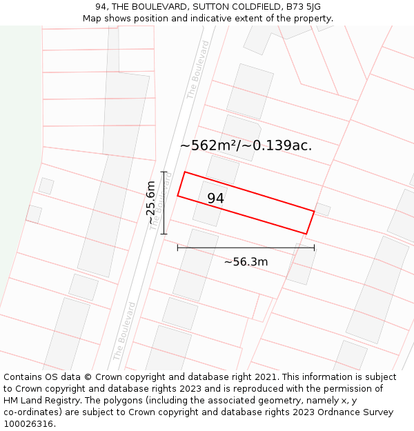 94, THE BOULEVARD, SUTTON COLDFIELD, B73 5JG: Plot and title map